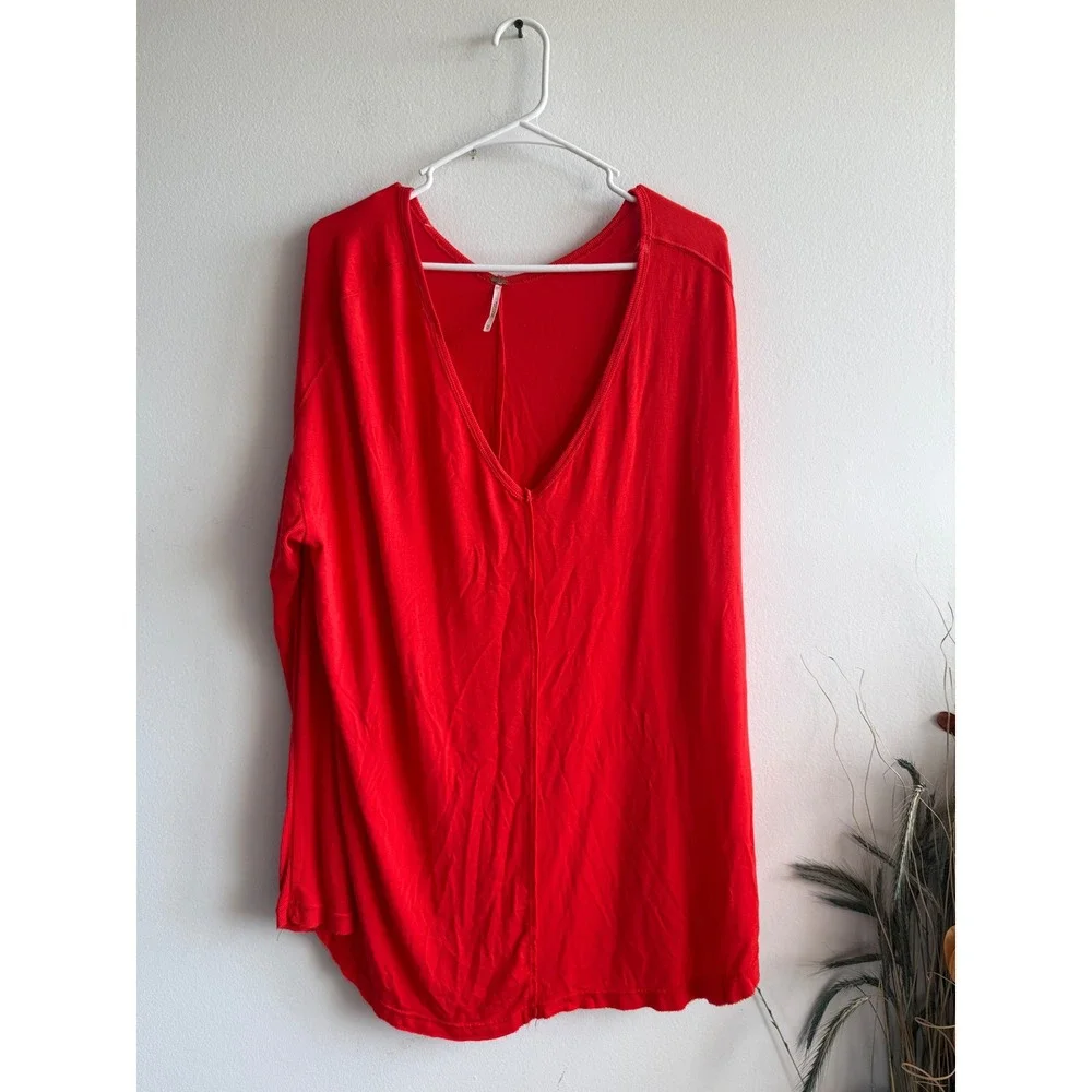 Free People We The Free Womens Red V Neck Long Sleeve Oversized Tunic Top M